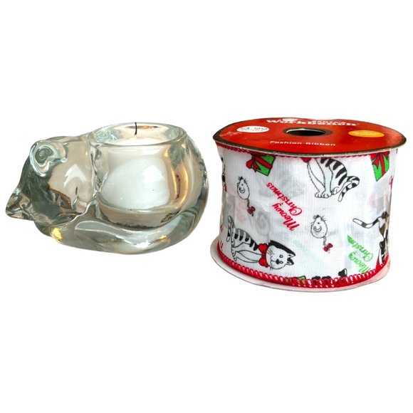 2 Items: INDIANA GLASS Cat Votive Candle Holder & NWT Kitty Ribbon Feline Meow - Picture 9 of 12